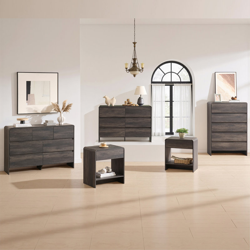 Commode moderne à 7 tiroirs avec coins courbés et conception à devant affleurant, armoire de rangement minimaliste pour chambre à coucher ou salon