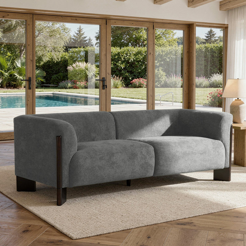 Upholstered Gray Chenille 2-Seater Modern Curved Arm Design Sofa With Solid Wood Legs, Gray