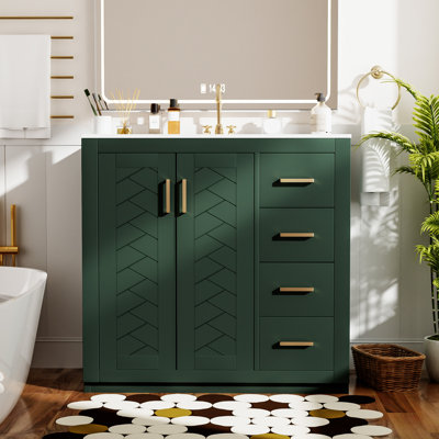 Ensemble de meuble-lavabo 36 po avec lavabo en céramique, armoire de rangement en bois massif, ensemble de meuble-lavabo autoportant avec 3 tiroirs et portes à fermeture douce