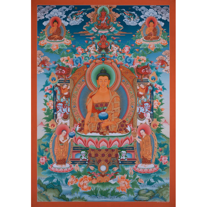 Bouddha Tatkyata Shakyamuni avec ses 2 chefs disciples en or 24 carats (Thangka Brocadeless)
