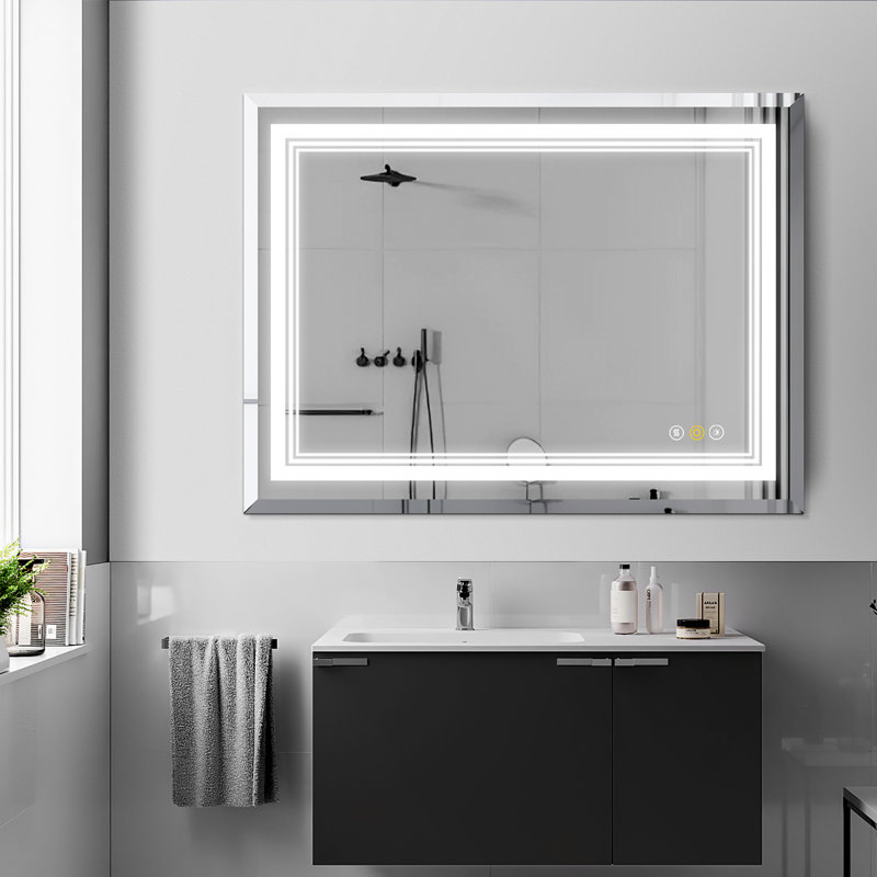 Miroir de salle de bain mural Abriele avec lumières DEL, 3 lumières en mode couleur, désembueur, fonction mémoire, gradateur