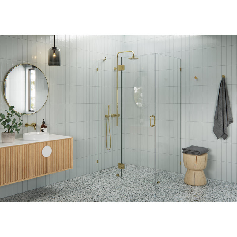 Halo 47.5 in. x 34.5 in. x 78 in. 90-degree Fully Frameless Glass Hinged Shower Enclosure, Polished Brass