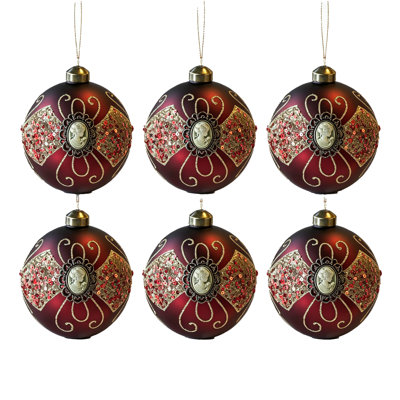 Ensemble de 6 boules de Noël rétro en verre bourgogne de 3,9 pouces avec incrustations de paillettes et motif de paillettes, décorations peintes à la main pour arbre de Noël, décoration de fête intérieure