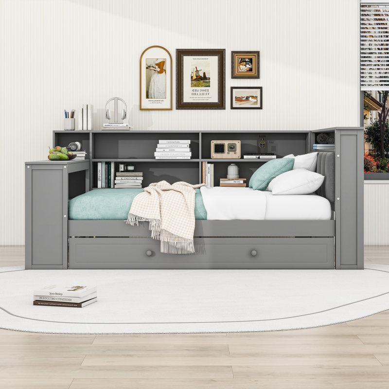 Lit de jour double en bois avec couchette, lumière DEL, bureau, tablettes et station de charge, Gris