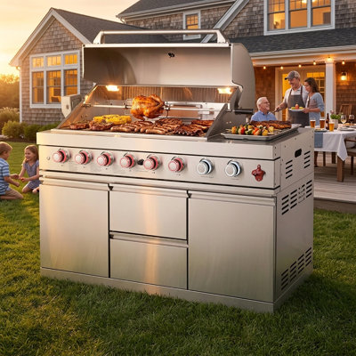 Bar de cuisine extérieure de luxe en acier inoxydable avec 8 brûleurs, 85 000 BTU, ensemble de rôtisserie, portes et tiroirs d'armoires, éclairage de la hotte et thermomètre intégré pour terrasse de jardin.