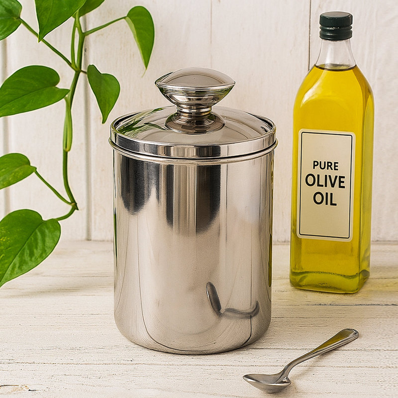 Contenant alimentaire en acier inoxydable avec couvercle en verre trempé pour comptoir de cuisine, café, thé, noix | Finition miroir brillant | 1 pte