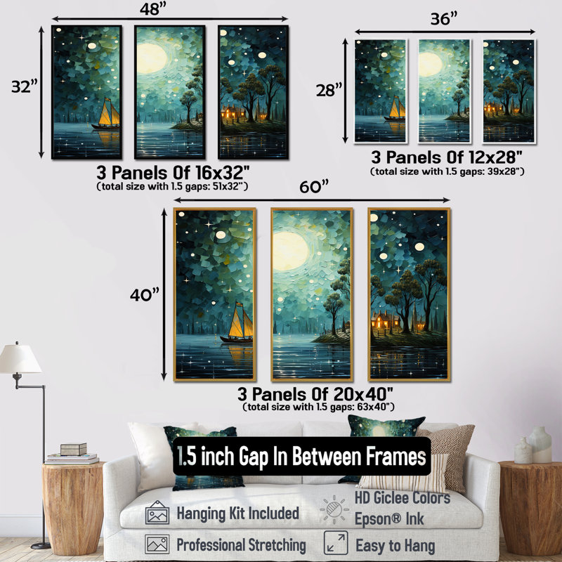 «Moonlight Whimsical Pirate Ship Tales Of The Tides» - ensemble de reproduction d'art mural pirate, Cadre flottant érable