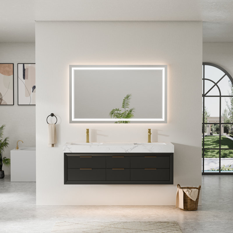  Meuble-lavabo double 60 po avec lumière DEL et plateau en pierre reconstituée, Noir