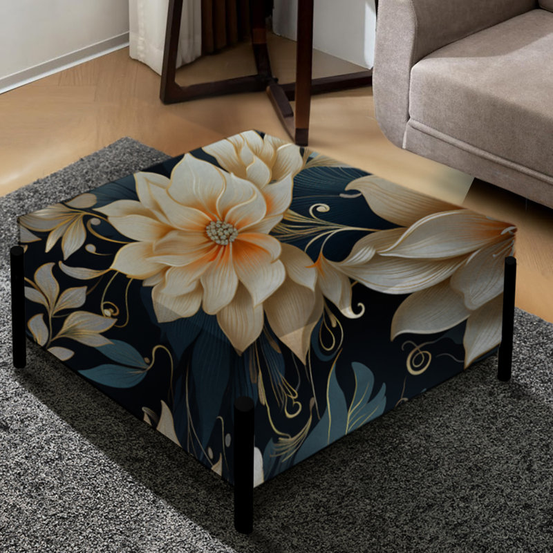 Luxueux motif à fleurs dorées et grises - Grand repose-pieds carré floral