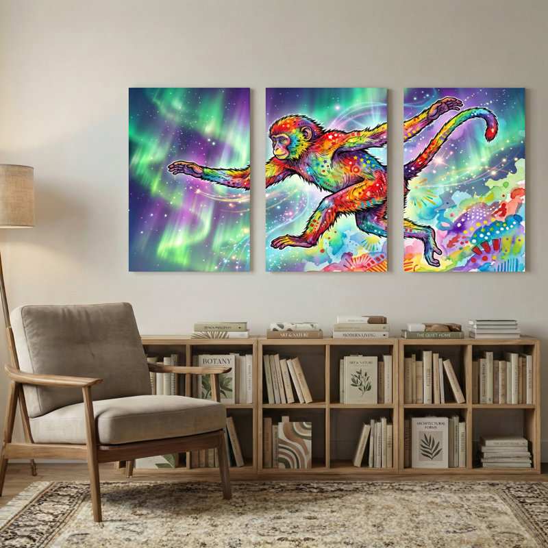 Animaux, singe coloré dans l'espace, ensemble de 3 impressions sur toile, fond aurore, H 30 po x l 60 po