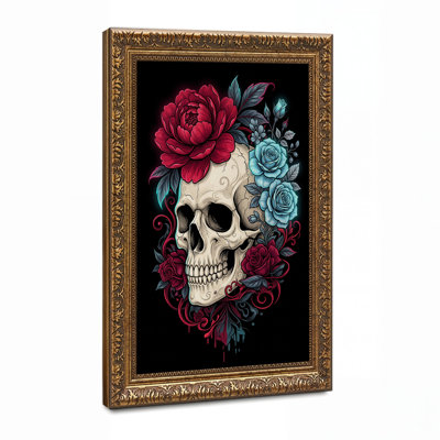 Crâne stylisé avec pivoines rouges et roses bleues, art mural d'Halloween