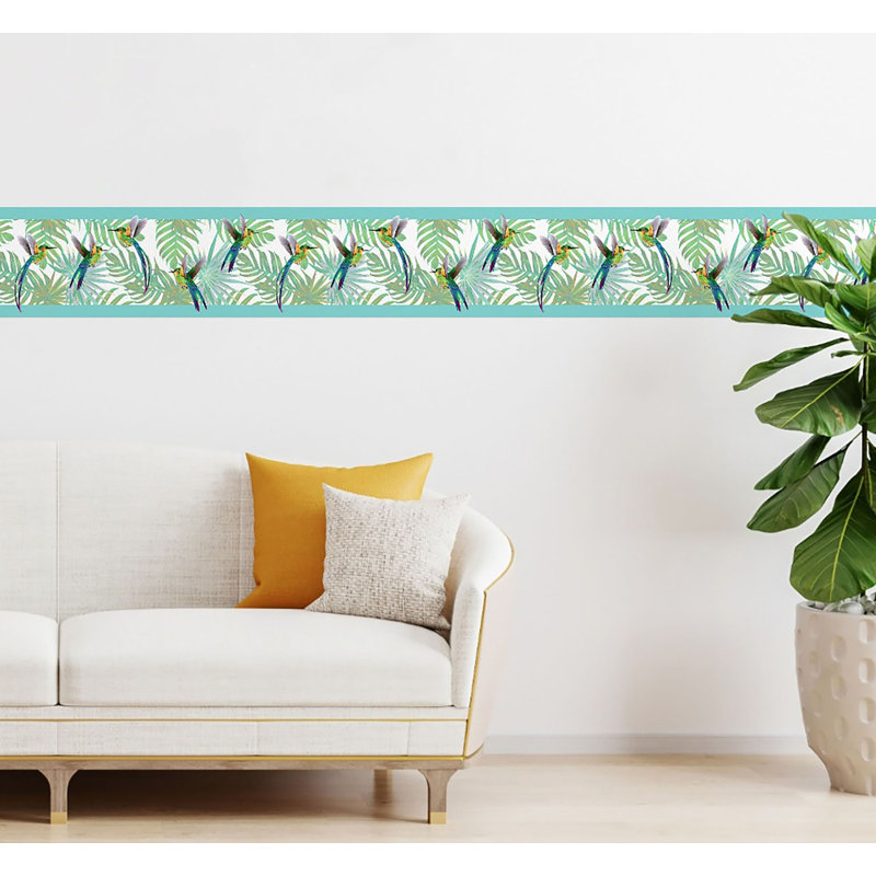 Bordure de papier peint pelez et collez des feuilles de verdure de 10 po x 15 pi de long avec des colibris et des plantes tropicales, fabriquée aux États-Unis par Grace and Gardenia Designs.