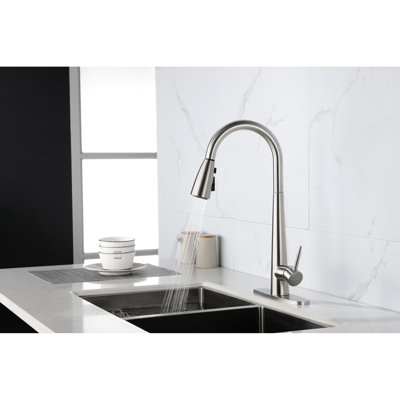 Stainless Steel Single Handle Kitchen Sink Faucet With Pull Down , Brushed Nickel Finish, 360 Rotating High Spout, Three Water Output Patterns For Different Needs, Lever Easy Adjustment, Corrosion