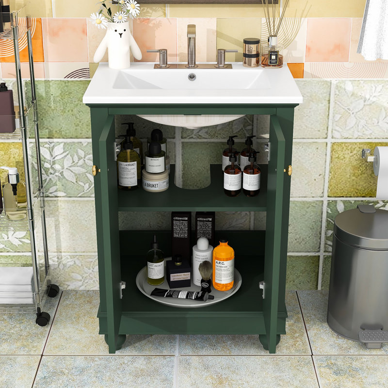 Meuble-lavabo de salle de bain avec lavabo en céramique et tablette réglable, Green