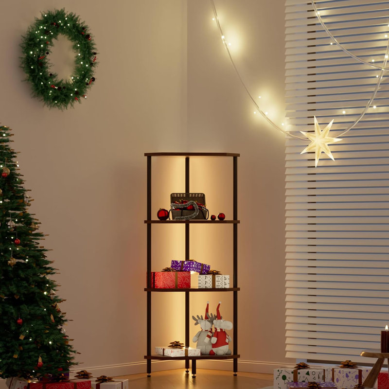 4 Tier Corner Shelf With LED Light,Bookcase For Small Spaces