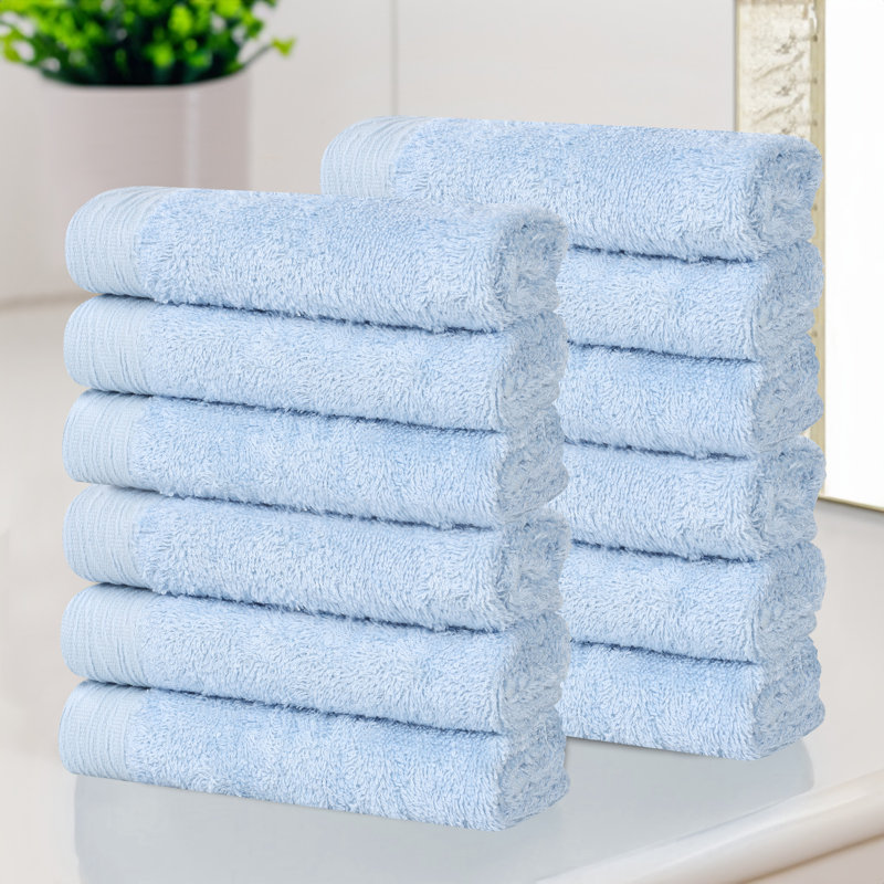 Ensemble de serviettes en rayonne de bambou et en coton mélangé hypoallergénique, Bleu clair, Gant de toilette - paquet de 12