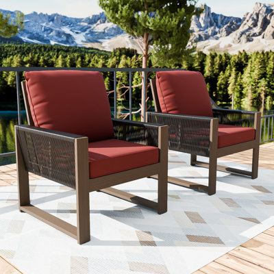 Outdoor Patio Cedar Wood Brown Round Wicker Lounge Chair with Olefin Thick Cushions Set of 2