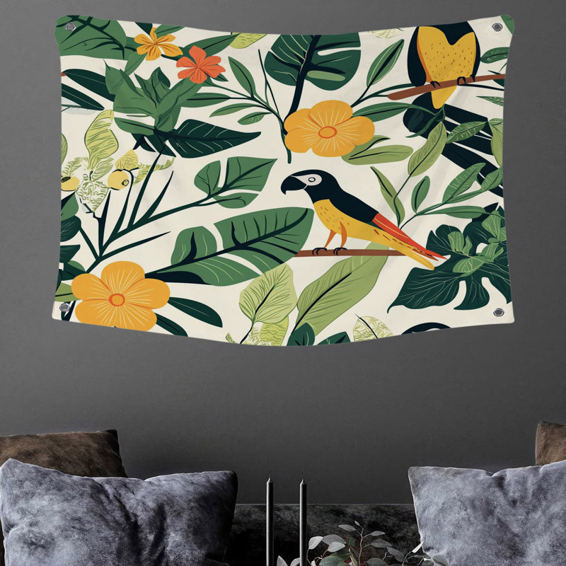 Tapisserie murale oiseaux tropicaux - décoration murale florale, H 50 po x l 60 po