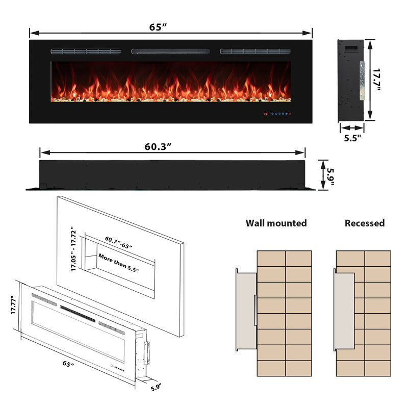 Cassan Recessed Wall Mounted Electric Fireplace, 17.7"H*65"W*6"D