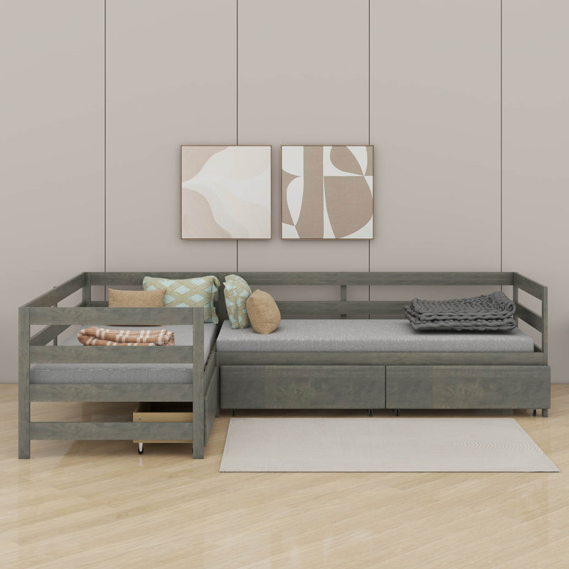 Lit plateforme simple en L avec 3 tiroirs, gris