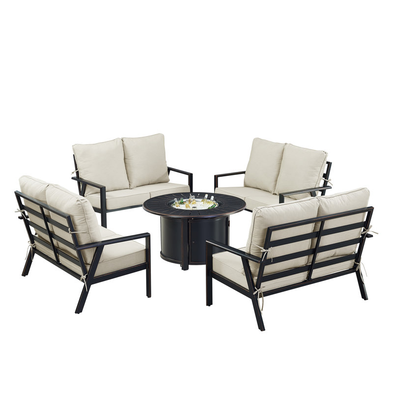 Ensemble de table de foyer en aluminium noir avec quatre causeuses profondes, Gris clair