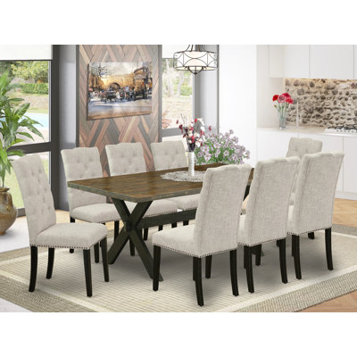 9 Piece Dining Set Includes a Rectangle Dining Room Table with X-Legs and 8 Doeskin Linen Fabric Upholstered Parson Chairs, Wire brushed Black