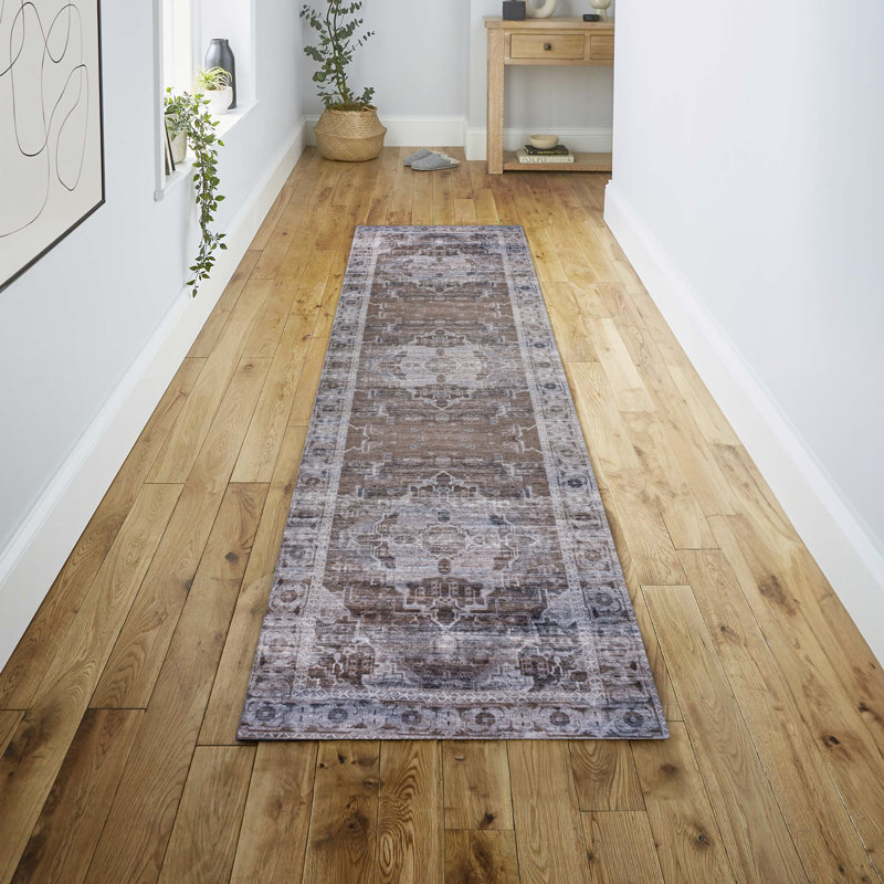 Alanya Ornate Medallion Machine-Washable Brown/Light Gray Rug, Runner 2' x 8'
