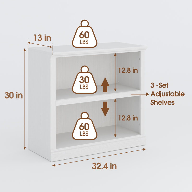 2 Tiers 30" Bookcase, Home Office Storage Floor Standing Bookshelf with Adjustable Shelf, White
