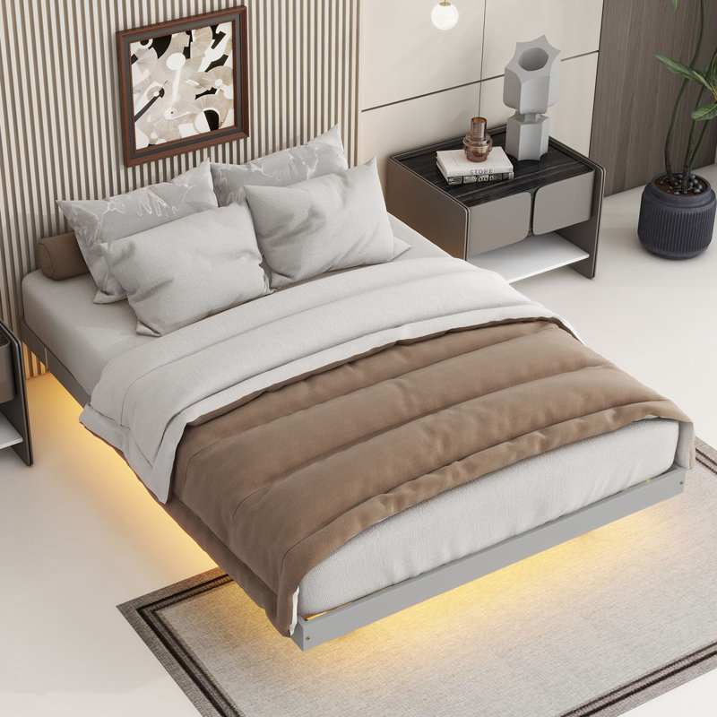 Floating Bed with LED Lights, Gray, Full