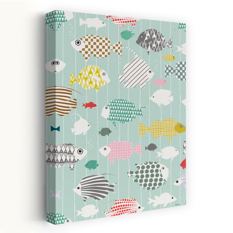 Whimsical Patterned Fish Abstract Colorful Geometric Fish Ocean Tropical Wall Art Print, 91.44cm H x 60.96cm W