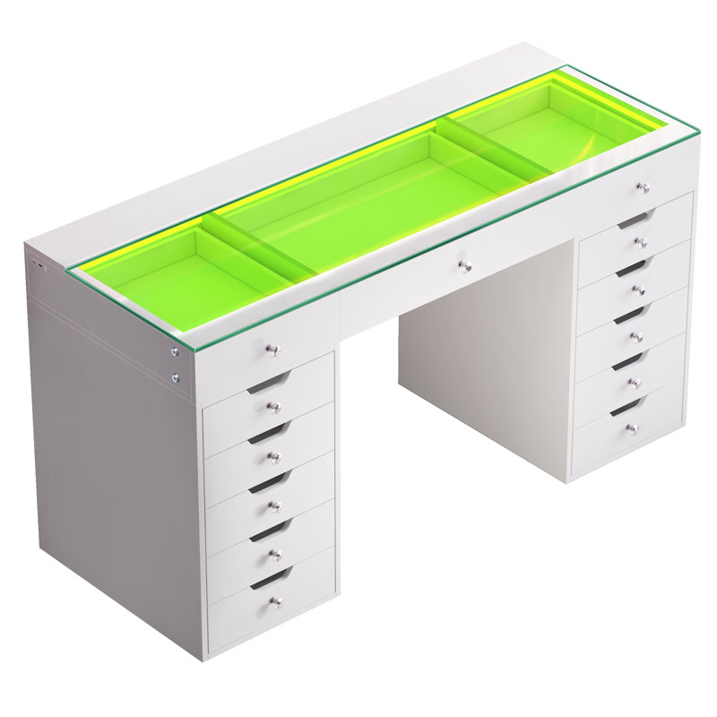 Makeup Vanity HD Glass Top Built-in LED Light Strips Large 13 Drawers Diamond Handles USB and Type-C, White