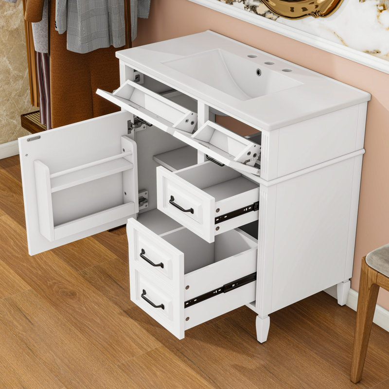 Meuble-lavabo avec lavabo, tiroirs et tablette réglable, Blanc