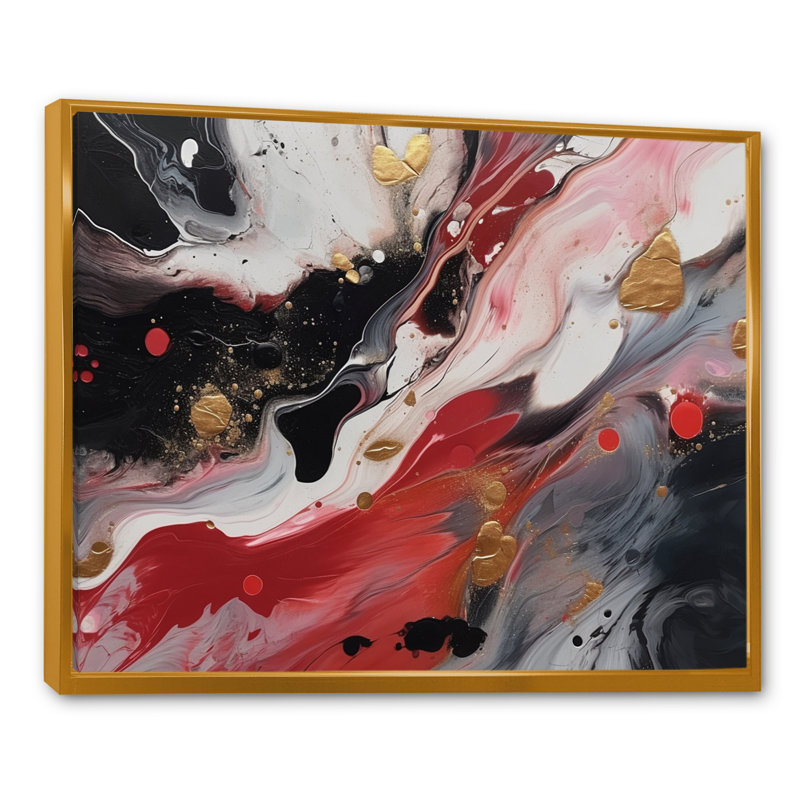 Red and Black Marble Whispers III - Art mural abstrait en marbre, Cadre flottant doré, H 12 po x l 20 po x P 1 po