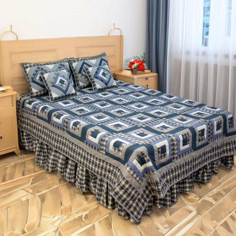 Blue Log Cabin Rustic Cotton Patchwork Quilt, Full / Queen