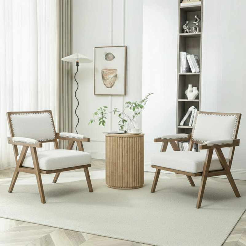 Nordic-Style Solid Wood Cotton-Linen Accent Single Chair, Beige