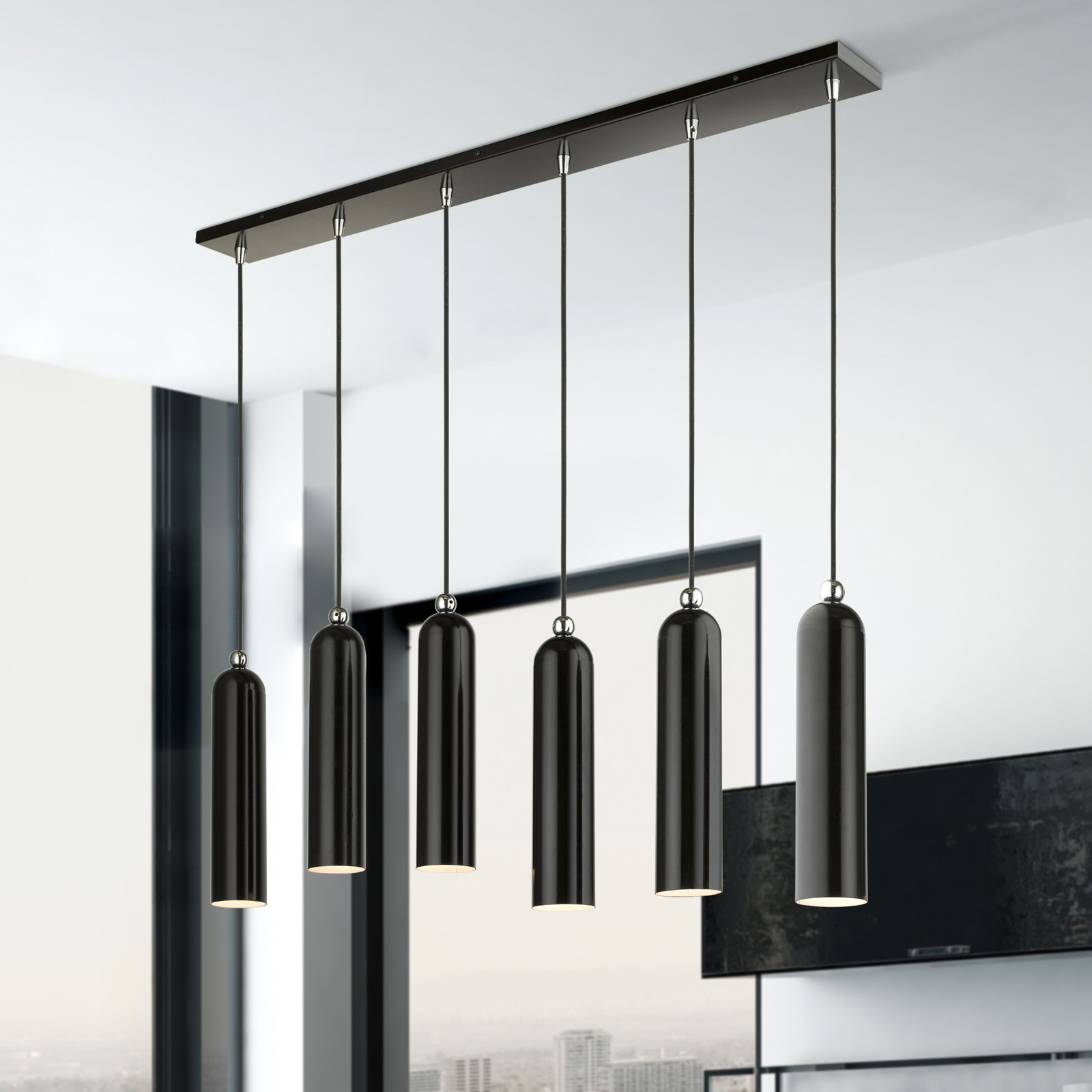 Veikko Dimmable 6-Light Pendant, Shiny Black