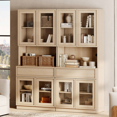 Bibliothèque moderne de 72 po de hauteur avec portes en verre, tiroirs et tablettes réglables, armoire de rangement fermée et tablettes en verre, bibliothèque en bois pour le bureau à domicile