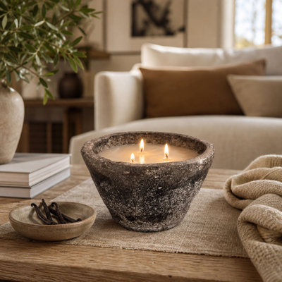 Modern Vanilla Scented Candle in Stone Pot for Living Room or Bedroom - Decorative Soy Wax Accent for Coffee Table or Bookshelf Decor - 7", Tan & Brown