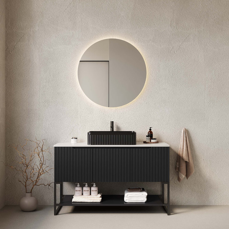 Armoire de rangement autoportante avec lavabo en céramique et comptoir en pierre frittée