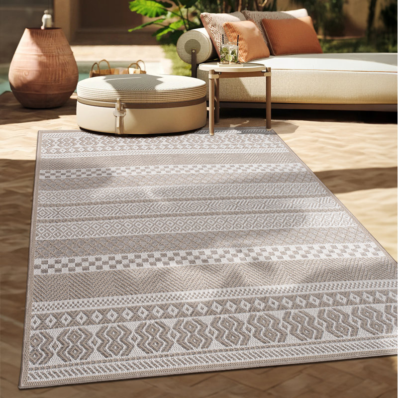 Tapis d'extérieur ornements bohème en crème beige, Rectangle 5 pi 3 po x 7 pi 2,5 po