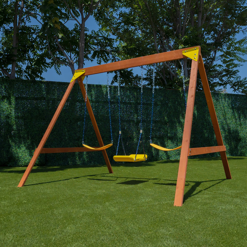 Brighton Outdoor Wood Swing Set with 3 Yellow Swings