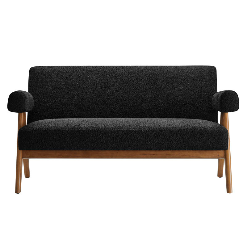 Lyra Black Boucle Fabric Loveseat with Wood Legs