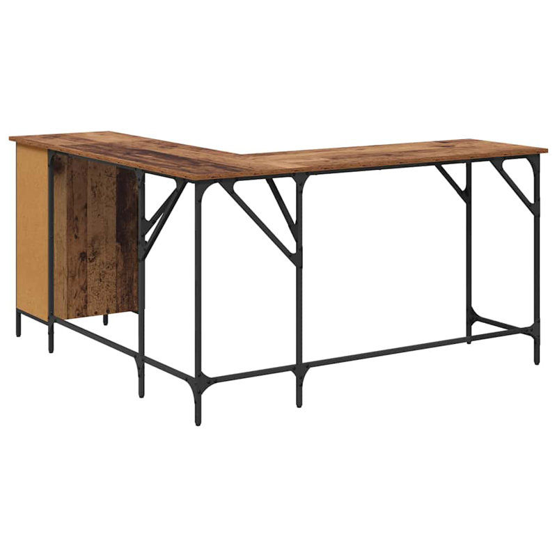 L-Shaped Metal Base Computer Desk, Old Wood