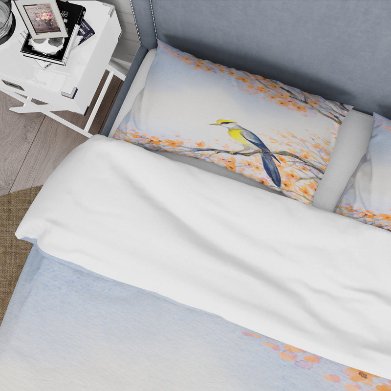 Magnifique oiseau bleu sur une branche en fleurs II - ensemble de housse de couette traditionnel - microfibre de polyester