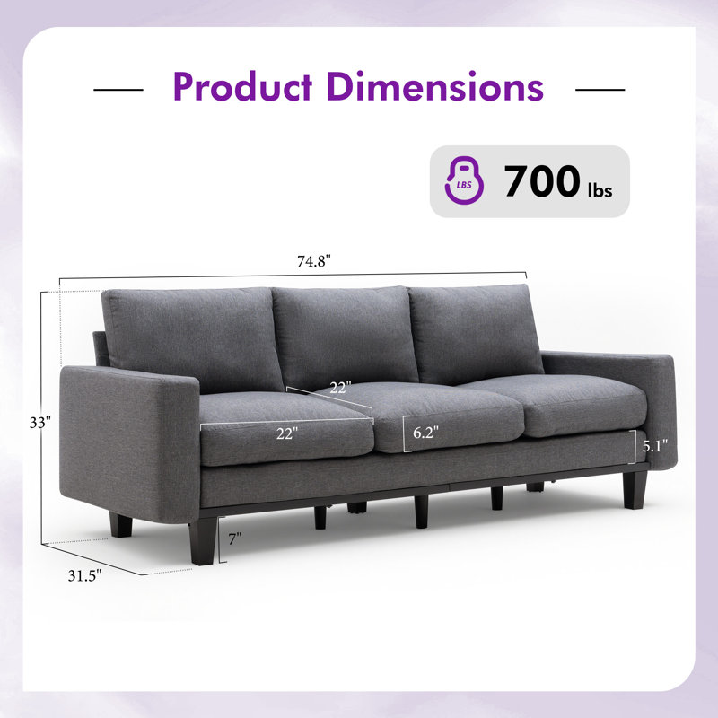 75" Modern  Linen 3 Seater Sofa with Deep Seat, Dark Gray, Gray Linen Blend