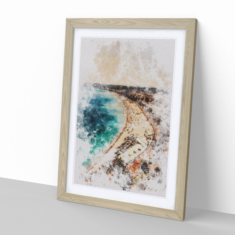 Beach View in Nice France Watercolour - Picture Frame Graphic Art, 36cm H x 27cm W x 2cm D, Oak