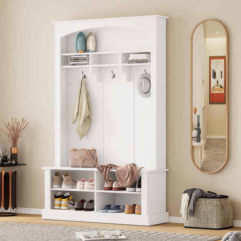 Portemanteau de 47,2 po de largeur avec banc et rangement pour chaussures, banc de rangement multifonctionnel avec 3 crochets de suspension et espace de rangement ouvert, support de rangement rectangulaire et tablettes pour vestibule