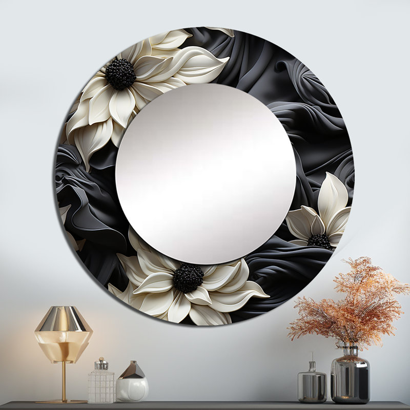 Symphonie blanche et grise des jardins de pétales - miroir unique floral, grand miroir mural rond, art en métal imprimé