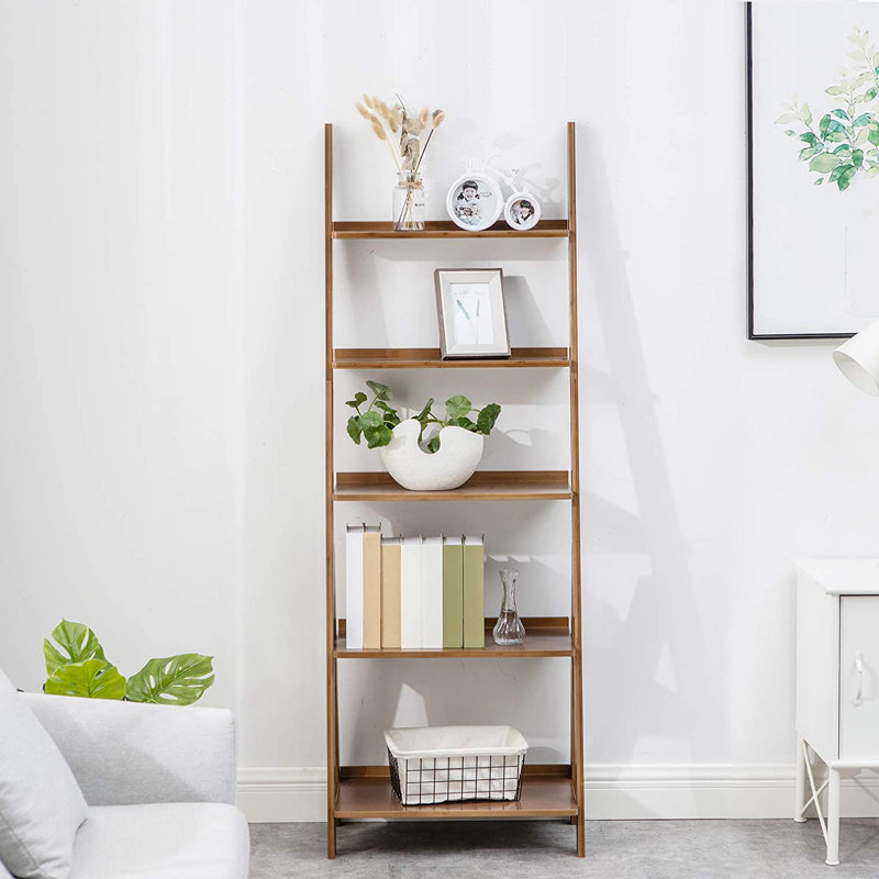 Elberta Bamboo Ladder Bookcases Ladder Bookshelf Storage Rack Flower Plant Stand Shelf Organizer Display Shelf, Brown