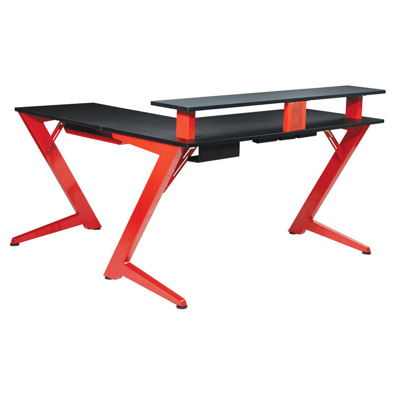 Amold L-Shaped Metal Base Computer Desk, Carbon Black/Red Matte 